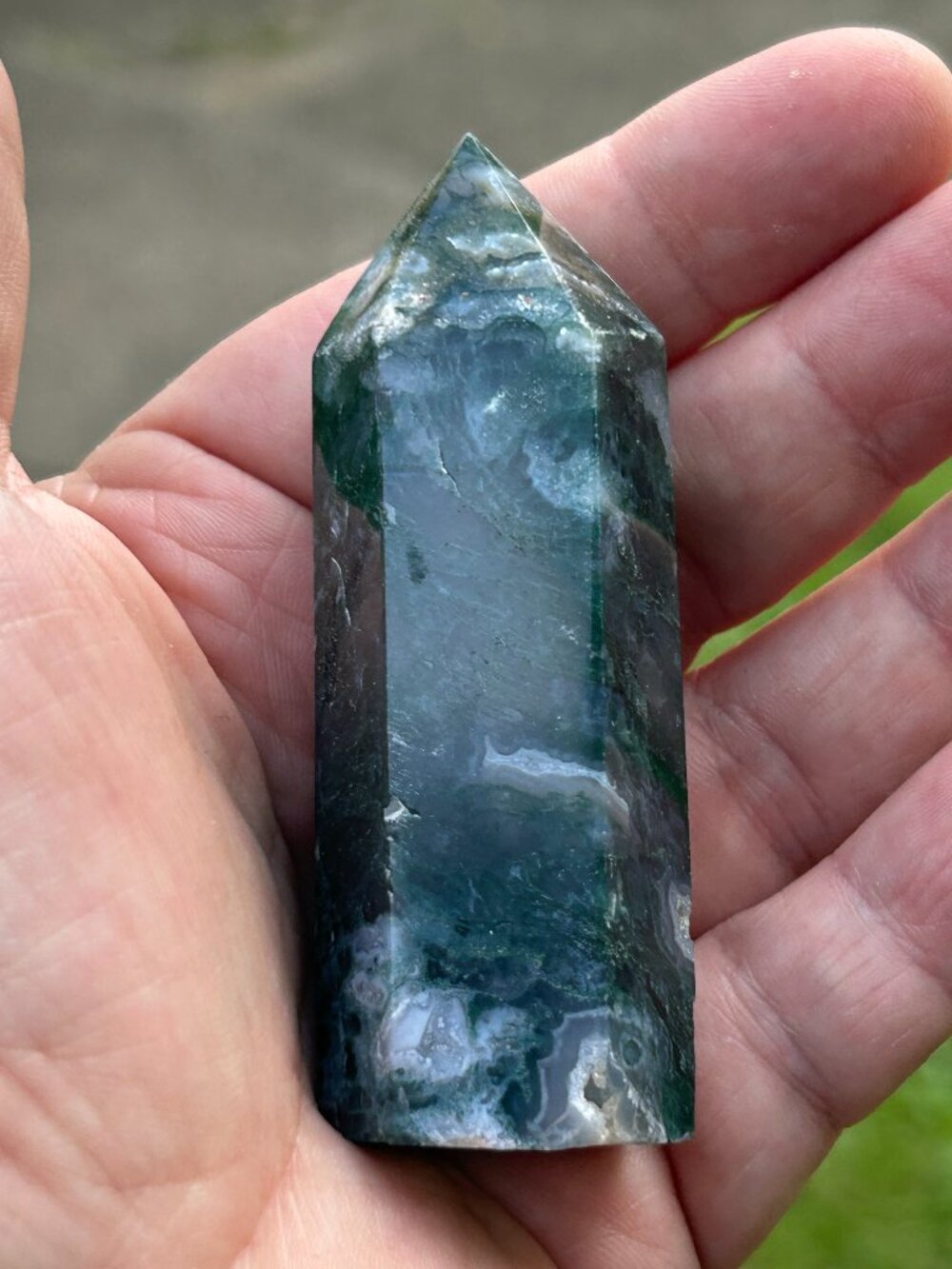 Beautiful Green Moss Agate Tower – Blue-Green Crystal Point